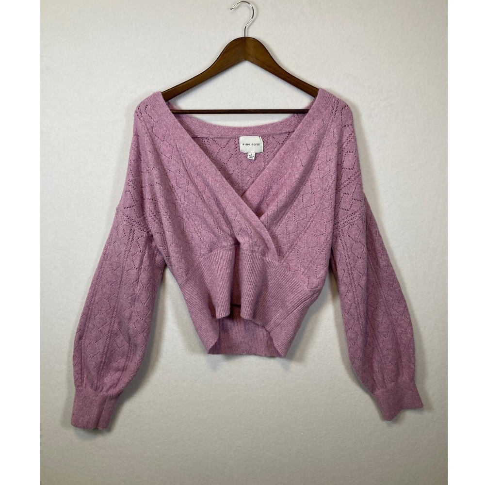 Pink Rose Mauve Surplice Pointelle Diamond Knit Wrap Sweater Large‎